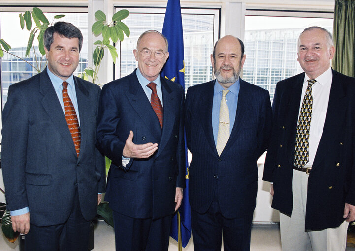 The European Parliament President Jose Maria GIL-ROBLES GIL-DELGADO receiving the politicians Philippe RICHERT, Herve de CHARETTE, Marc REYMANN at the European Parliament of Strasbourg in May 1999.