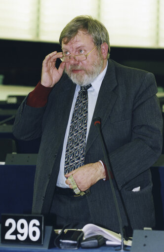 Jean-Maurice Dehousse standing in the hemicycle of the European Parliament in Strasbourg in April 2004