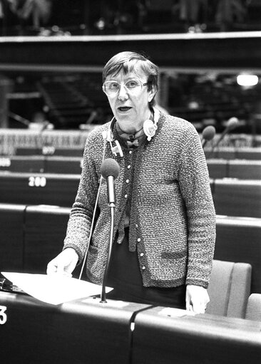 The MEP Paule DUPORT during a session in Strasbourg in May 1983.