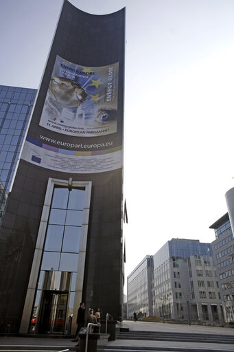 Illustration - A poster is set on the wall of the EP building in Brussels to promote the Energy Globe Award.  Parliament is hosting the 2007 Energy Globe Award ceremony