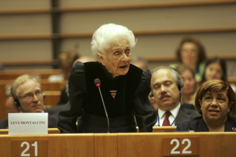 The European Parliament receives Nobel prize winners at the EP in Brussels.