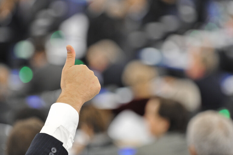 Fotogrāfija 6: Illustration - Hemicycle in Strasbourg, during a plenary  session, vote by show of hand