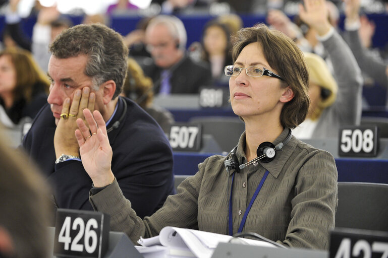 Sari Essayah during votes, plenary session in Strasbourg week 43