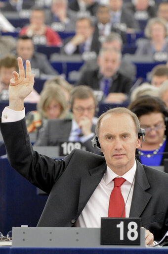 Nuotrauka 10: MEPs in the Hemicycle voting during Plenary Session in Strasbourg - Week 27