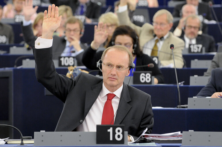 Nuotrauka 6: MEPs in the Hemicycle voting during Plenary Session in Strasbourg - Week 27