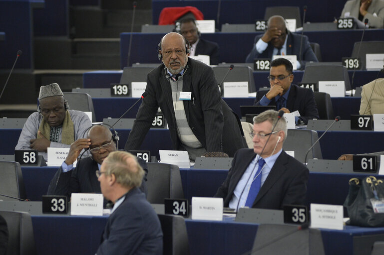 Photo 1 : 28th ACP-EU Joint Parliamentary assembly in Strasbourg  Sitting ' The social and economic consequences of malnutrition in ACP countries '  Statement of Commissioner in charge of international cooperation and development