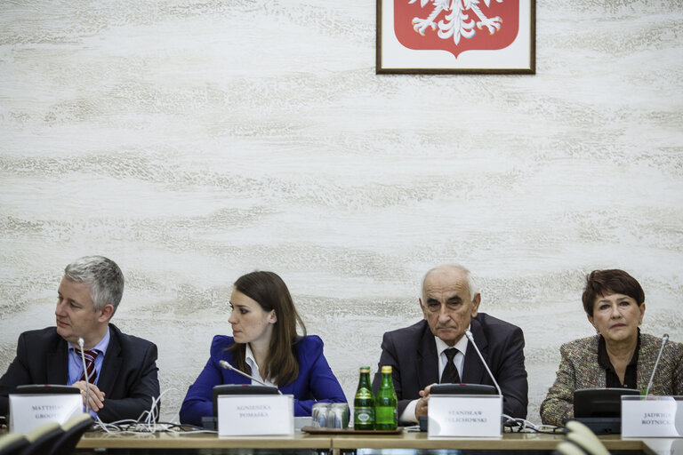 POLAND, Warsaw: Matthias GROOTE (S&D) (L), Agnieszka POMASKA (PO - Civic Platform) (2nd L), Stanislaw Zelichowski (PSL - f People's Republic of Poland) (2nd R) and Jadwiga ROTNICKA (PO - Civic Platform) (R) are seen during meeting of European Parliament delegation with Polish Parliament representatives