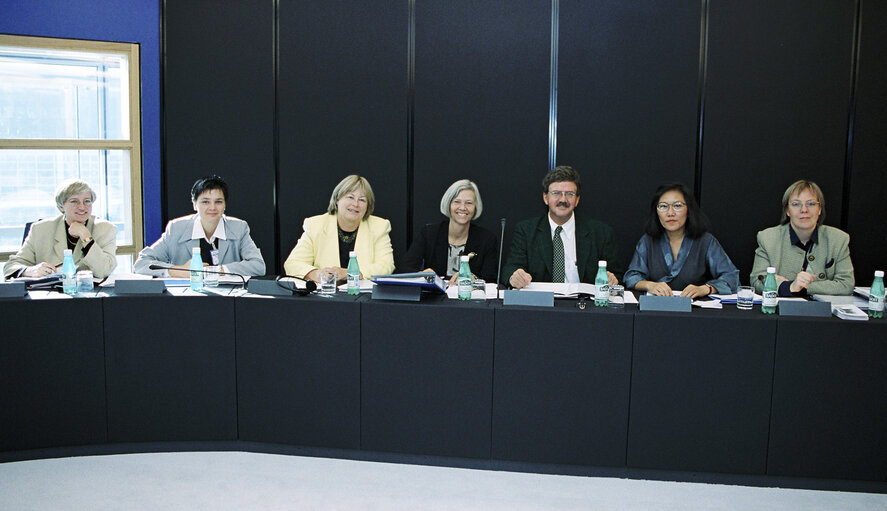 The MEPs Maria MARTENS, Ulla Margrethe SANDBAEK, Thomas MANN during a meeting in Strasbourg in October 1999.