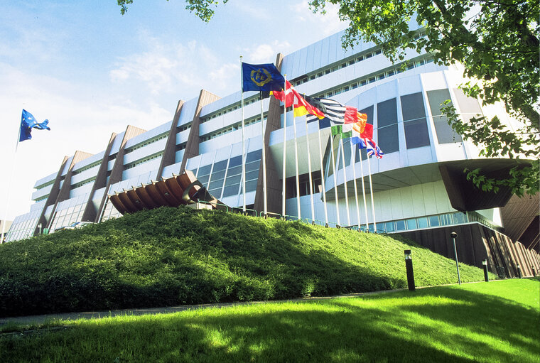 Photo 24: Flags of some country members of the European Union floating in the wind with the old European Parliament flag