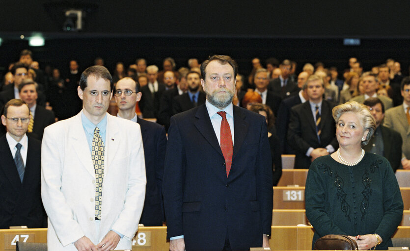 Suriet 16: Visit of Princess Mathilde of Belgium and Prince Philippe of Belgium to the European Parliament in Brussels to attend an academic session on the opening of 'Brussels 2000', on February 25, 2000.