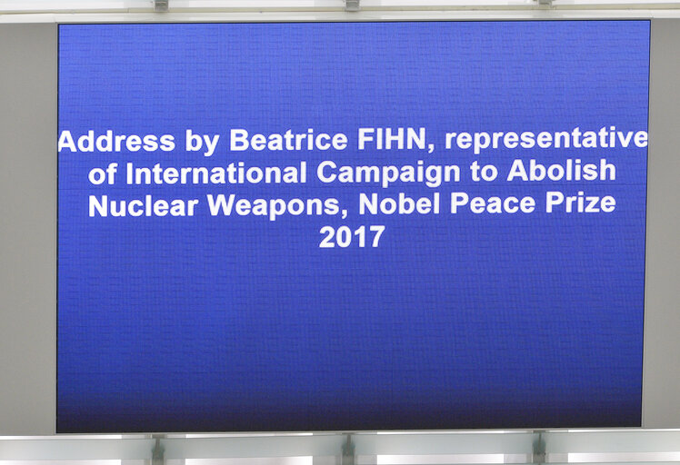 Valokuva 4: Address by a representative of International Campaign to Abolish Nuclear Weapons (ICAN), Nobel Peace Prize