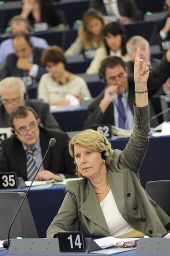 Photo 9: Corien WORTMANN-KOOL during votes in the hemicycle in Strasbourg, week 39
