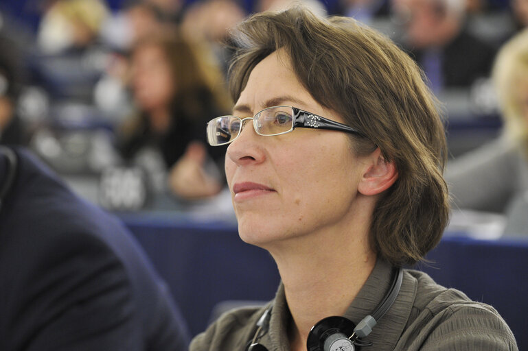 Sari Essayah during votes, plenary session in Strasbourg week 43