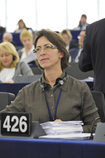 Sari Essayah during votes, plenary session in Strasbourg week 43