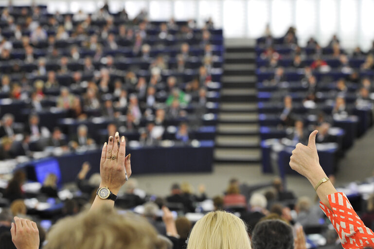 Fotó 7: Illustration - Hemicycle in Strasbourg, during a plenary  session, vote by show of hand