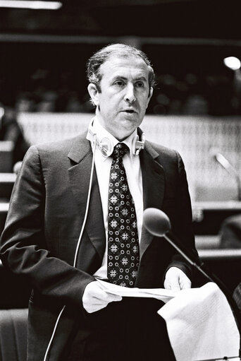 Member of the European Commission Richard BURKE during a session in Strasbourg on March 1977.