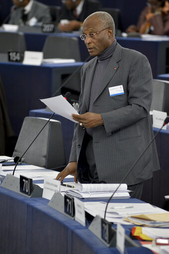 Photo 7 : 28th ACP-EU Joint Parliamentary assembly in Strasbourg  Sitting ' The social and economic consequences of malnutrition in ACP countries '  Statement of Commissioner in charge of international cooperation and development