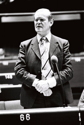 Suriet 24: Lord Donald BRUCE OF DONINGTON, Member of the European Parliament, during a session in Strasbourg in March 1977.