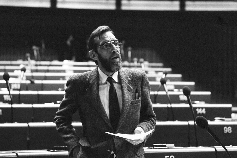 The MEP Ejner Hovgard CHRISTIANSEN during a session in the hemicycle of Strasbourg in November 1988