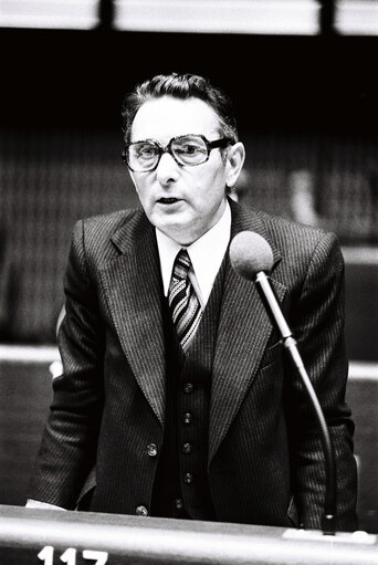 The delegue Pierre DESCHAMPS during a session in Strasbourg in March 1977.