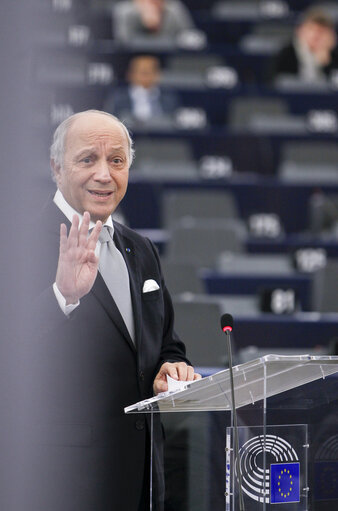 Photo 1 : Martin SCHULZ - EP President chairing the Plenary, with the presence of Laurent Fabius, French Minister of Foreign Affairs and International Development