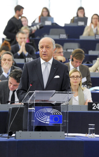 Photo 13 : Martin SCHULZ - EP President chairing the Plenary, with the presence of Laurent Fabius, French Minister of Foreign Affairs and International Development