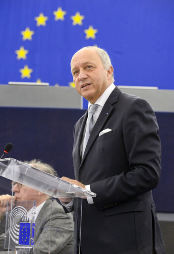 Photo 12 : Martin SCHULZ - EP President chairing the Plenary, with the presence of Laurent Fabius, French Minister of Foreign Affairs and International Development