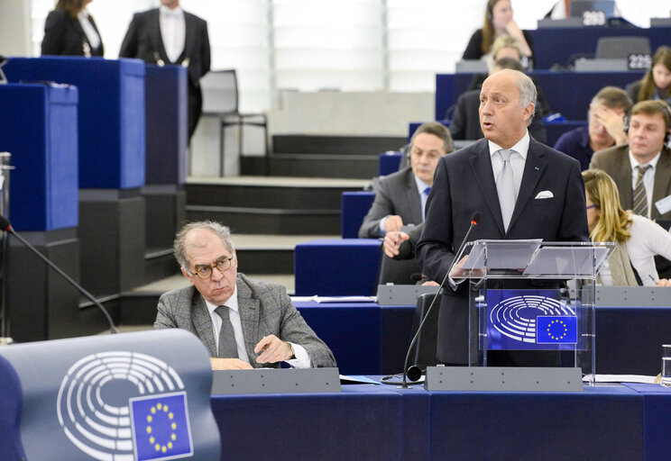 Photo 5 : Martin SCHULZ - EP President chairing the Plenary, with the presence of Laurent Fabius, French Minister of Foreign Affairs and International Development