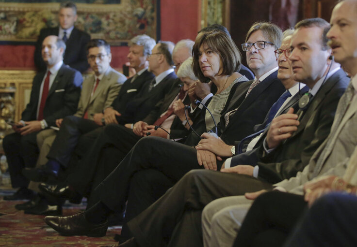 Zdjęcie 20: rebecca Harms, Guy Verhofstadt, Hannes Swoboda and Manfred Weber during a meeting with Italian MPs in Rome, Italy, 23 June 2014. Next month Italy will take the reins of the rotating six-month duty presidency of the European Union.