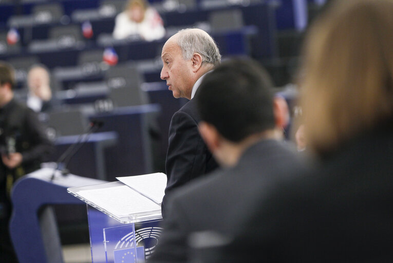 Photo 2 : Martin SCHULZ - EP President chairing the Plenary, with the presence of Laurent Fabius, French Minister of Foreign Affairs and International Development