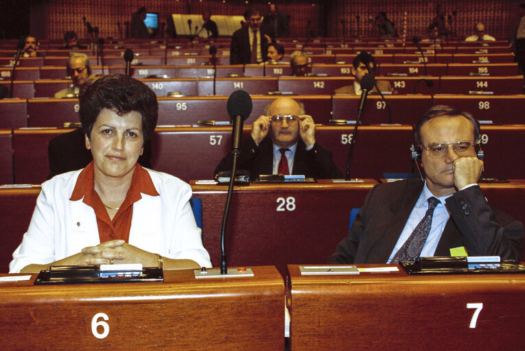 MEPs Pauline GREEN and Klaus HANSCH during the plenary session at the EP in Strasbourg