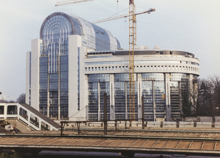 Cranes on construction site of the Paul-Henri SPAAK building in Brussels.
