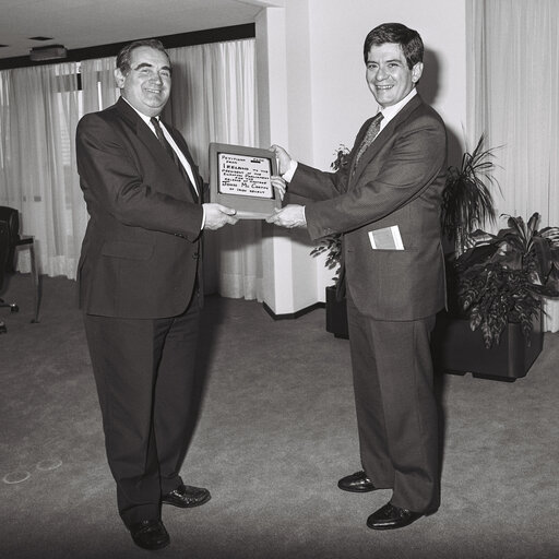 John McCARTHY delivers a petition to Enrique BARON CRESPO - EP President in his office