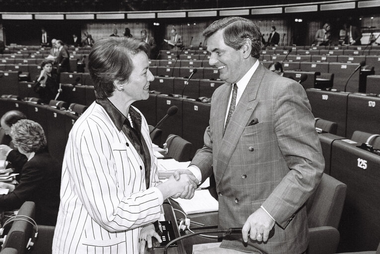 Foto 2: Portrait of Hedwig KEPPELHOFF-WIECHERT and Ray Mc SHARRY in the hemycicle