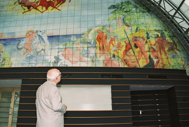 Inauguration of the Goddess Europa tile fresco by artist Aligi SASSU on the 12th floor of the PHS building in Brussels. Mosaic PHS