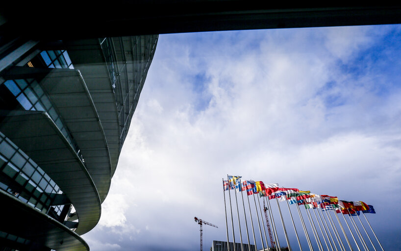 Photo 2: European flags in front f EP building in Strasbourg