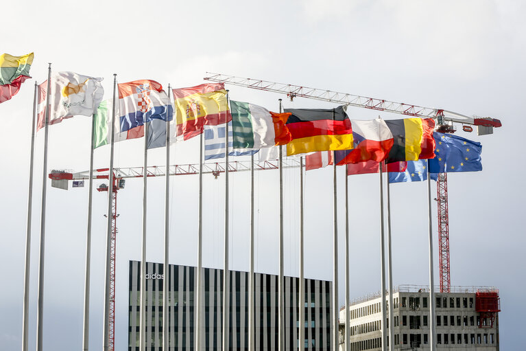 Photo 5: European flags in front of EP building in Strasbourg - Adidas building and cranes