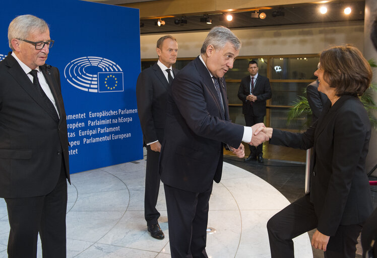 European Ceremony of Honour for Dr. Helmut KOHL - Jean-Claude JUNCKER, President of the EC, Donald TUSK, President of the European Council, Antonio TAJANI, EP President, and Malu DREYER, Minister-President of the Land of Rhineland-Palatinate (from left to right)