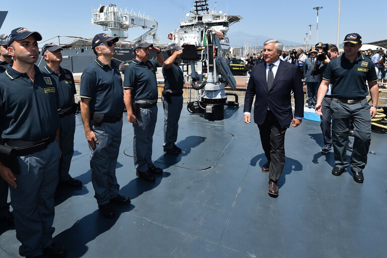 Official visit of the President of the European Parliament to Italy. Antonio Tajani - EP President visiting Catania and Pozzallo.Meeting with crew of Guardia di Finanza patrol boat, P.02 Monte Simone.