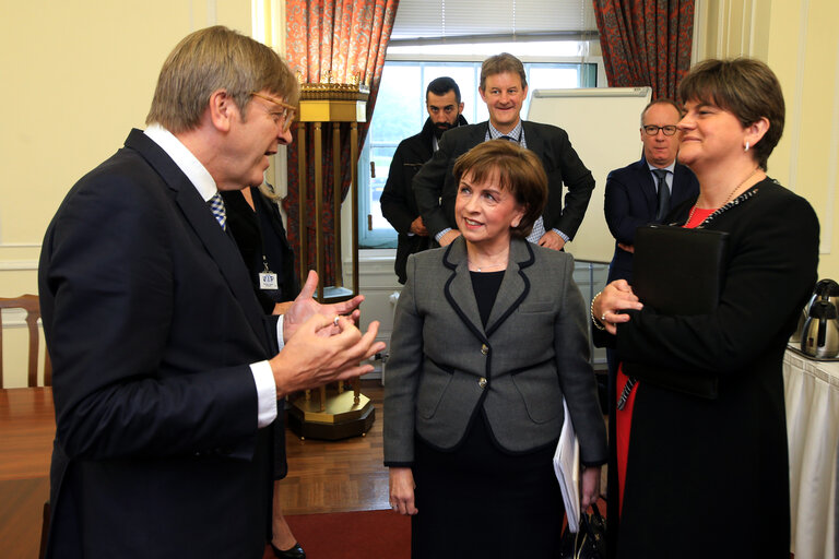 Visit to North Ireland and Ireland of the EP Coordinator for the negotiations with the UK - Guy Verhofstadt, EP Brexit Coordinator meets Arlene Foster, MLA, Leader of the Democratic Unionist Party and Diane Dodds MEP at Stormont Parliament Buildings, Belfast, Northern Ireland, Wednesday, September 20, 2017. Verhofstadt at the start of a two day visit to Northern Ireland & Ireland will meet members of the Northern Ireland political parties to disccuss the current Brexit process.