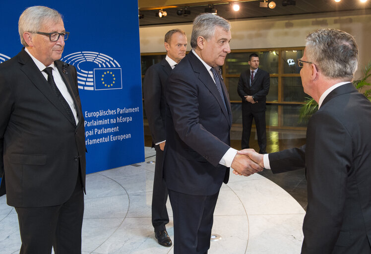 European Ceremony of Honour for Dr. Helmut KOHL - Jean-Claude JUNCKER, President of the EC, Donald TUSK, President of the European Council, Antonio TAJANI, EP President, and Thomas DE MAIZIÈRE, German Federal Minister for the Interior (from left to right)