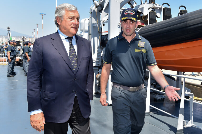 Official visit of the President of the European Parliament to Italy. Antonio Tajani - EP President visiting Catania and Pozzallo.Meeting with crew of Guardia di Finanza patrol boat, P.02 Monte Simone.