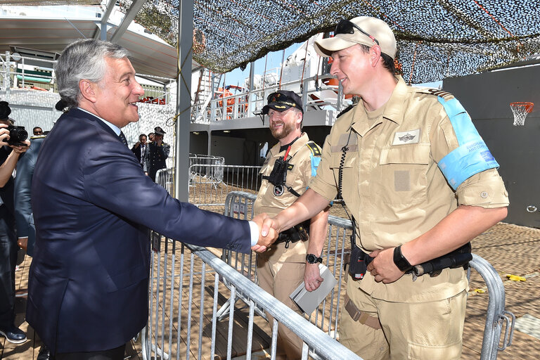 Official visit of the President of the European Parliament to Italy. Antonio Tajani - EP President visiting Catania and Pozzallo.Meeting with Frontex OPV - Norway staff.