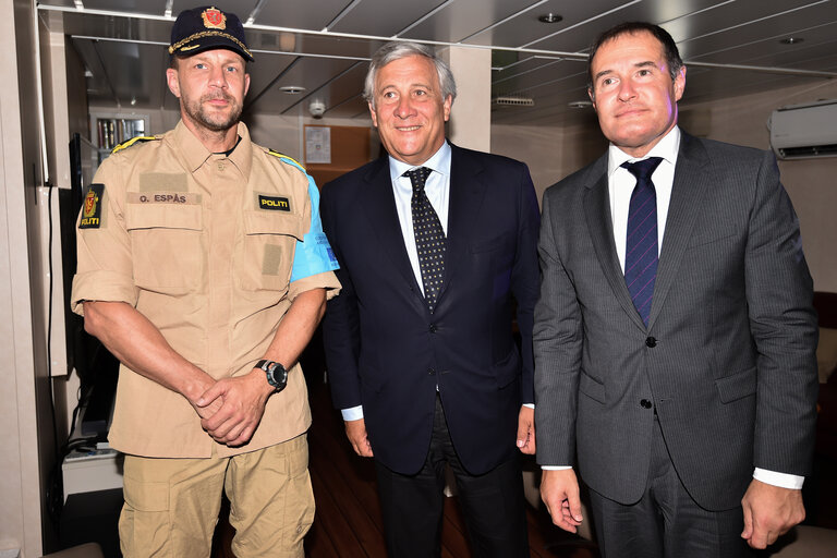 Official visit of the President of the European Parliament to Italy. Antonio Tajani - EP President visiting Catania and Pozzallo.Meeting with Frontex OPV - Norway staff.