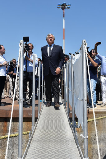 Official visit of the President of the European Parliament to Italy. Antonio Tajani - EP President visiting Catania and Pozzallo.Meeting with crew of Guardia di Finanza patrol boat, P.02 Monte Simone.