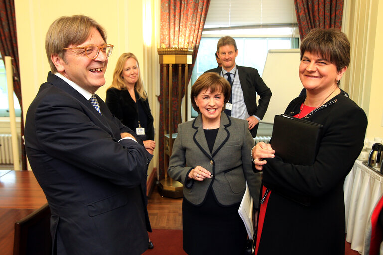 Visit to North Ireland and Ireland of the EP Coordinator for the negotiations with the UK - Guy Verhofstadt, EP Brexit Coordinator meets Arlene Foster, MLA, Leader of the Democratic Unionist Party and Diane Dodds MEP at Stormont Parliament Buildings, Belfast, Northern Ireland, Wednesday, September 20, 2017. Verhofstadt at the start of a two day visit to Northern Ireland & Ireland will meet members of the Northern Ireland political parties to disccuss the current Brexit process.