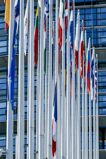 Fotogrāfija 6: French and EU flags at half-mast at the European Parliament, following the passing away of Simone VEIL, former EP President