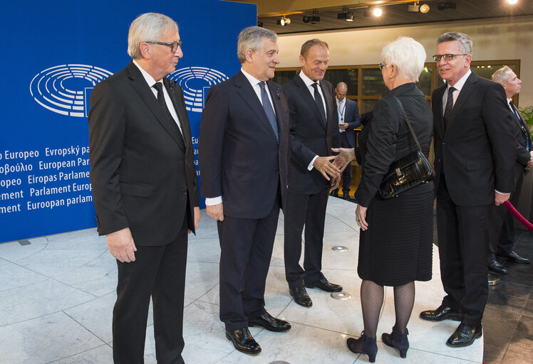 European Ceremony of Honour for Dr. Helmut KOHL - Jean-Claude JUNCKER, President of the EC, 1st from the left, Antonio TAJANI, EP President, 2nd from the left, Donald TUSK, President of the European Council, 3rd from the left, and Thomas DE MAIZIÈRE, German Federal Minister for the Interior, 5th from the left