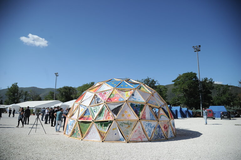 Official visit of the President of the European Parliament to Italy. View of the dome built by the volunteers in the sport center of Norcia on September 5, 2017.