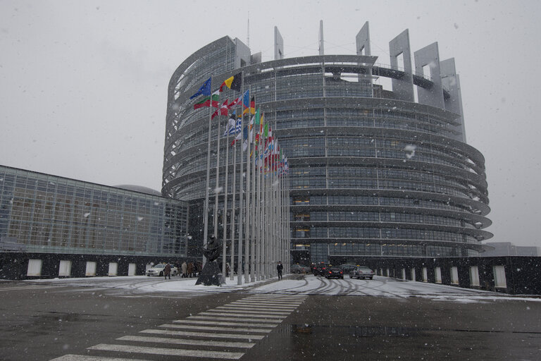 European Parliament in Strasbourg under the snow